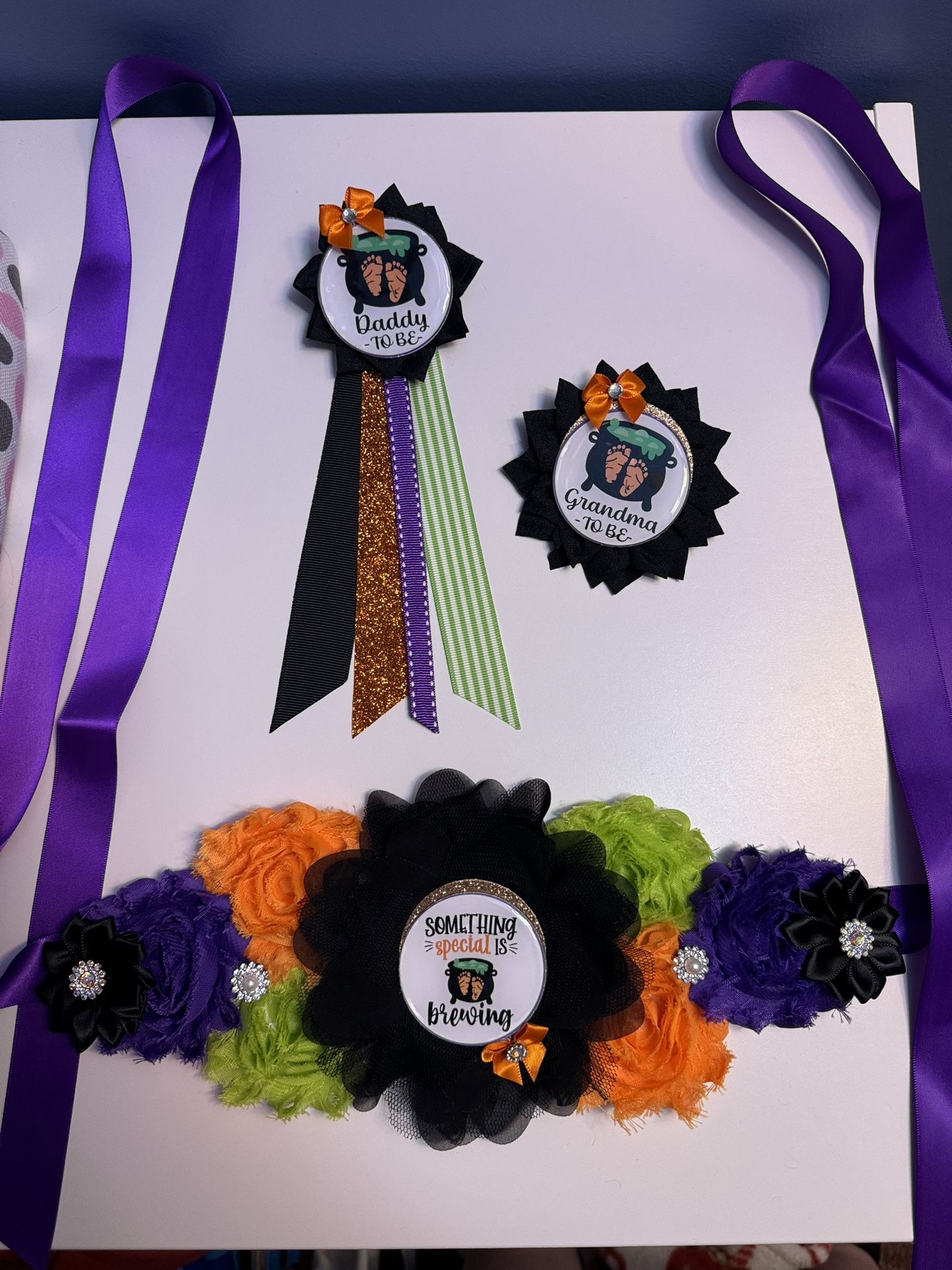 Halloween Theme Baby Shower Mommy sash, daddy to be pin, and grandma to be pin