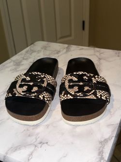 Tory Burch Black & Natural Snake-Print Logo Slide Sandals