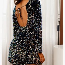 R.Vivimos Women's Sequin Bodycon Dress Fall Winter Velvet Warm Long Sleeve Crew Neck Sexy Backless Glitter Slit Mini Dress