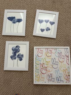 Collage of blue white flower prints, and peace sign