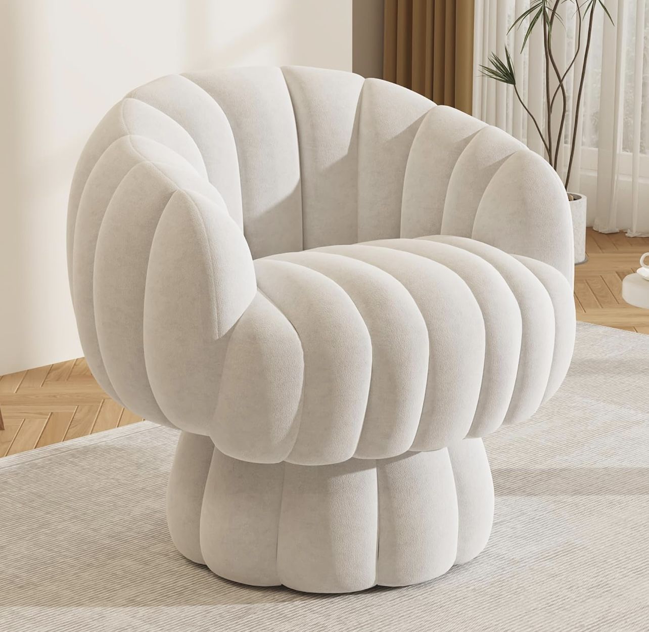 Mid Century Modern 360 Degree Barrel Swivel Accent Sofa Chair,Fluffy Velvet Fabric Lounge Wide Upholstered Pumpkin Reading Chair, Round Cloud Armchair
