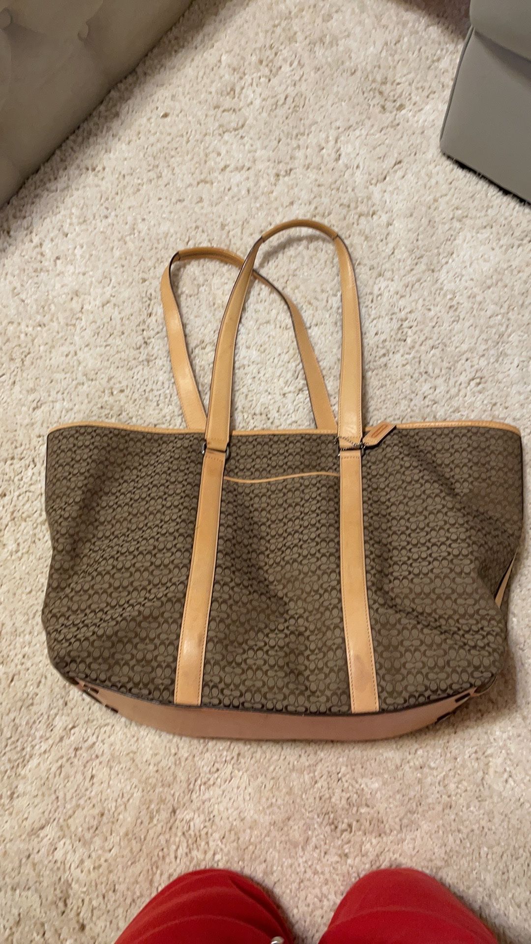 Coach Authentic CC logo Print Canvas Briwn Tan Leather Carryall Tote Purse Bag