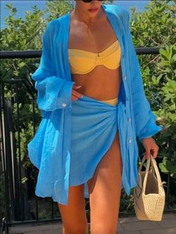 Swim Two Piece Cover Up Front Blouse And Wrap Blue size Medium