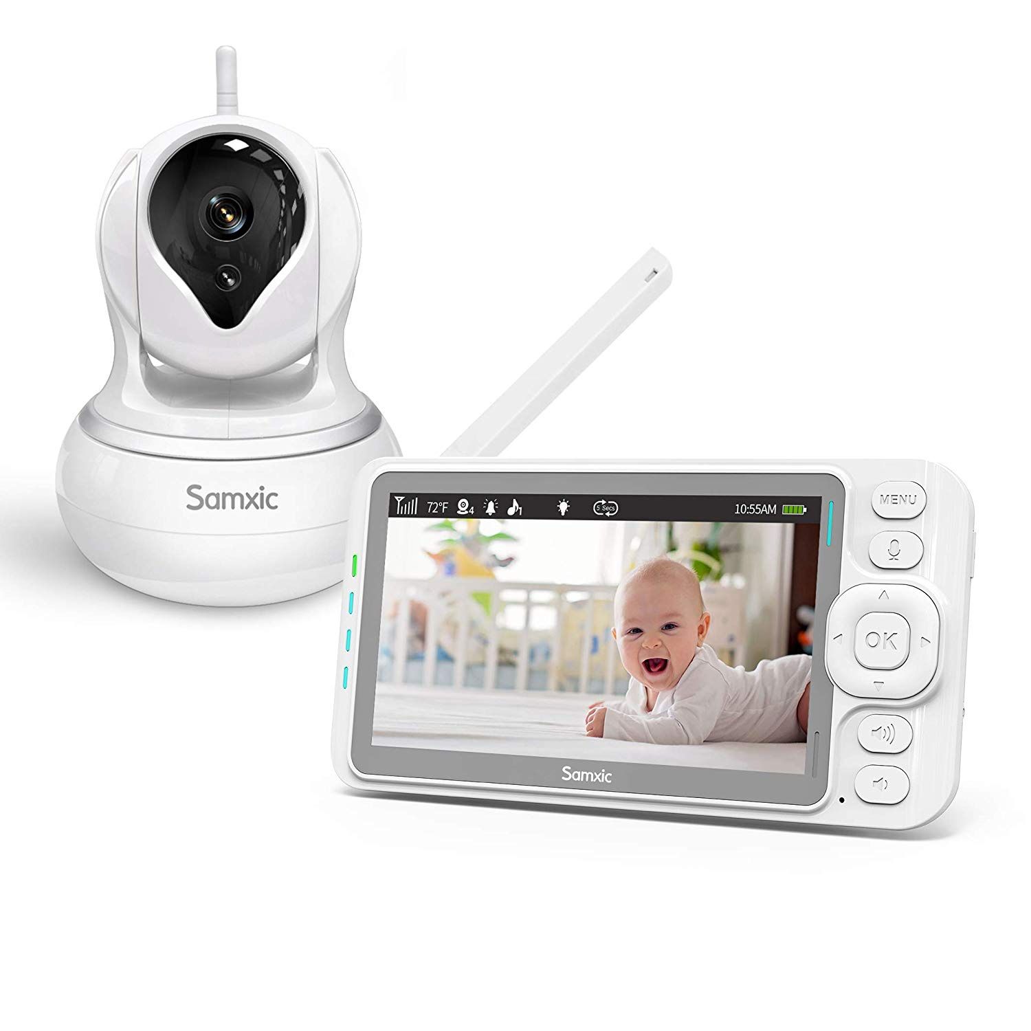 New Samxic Video Baby Monitor with 720P Camera, 5 Inches Display, Crying & Temperature Alert, Two-Way Talk, No Glow Night Vision, Remote Pan & Tilt &