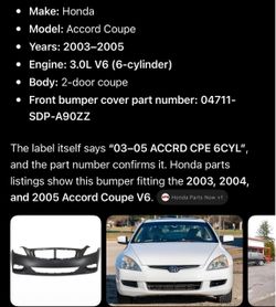 Honda Accord Coupe Front Bumper Cover 2003–2005