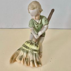 1950s Ardalt Bisque 6.5” Tall Figurine Boy Sweeping #6427A