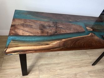 Live Edge Epoxy River Table – Walnut + Teal Resin | Black Steel Legs