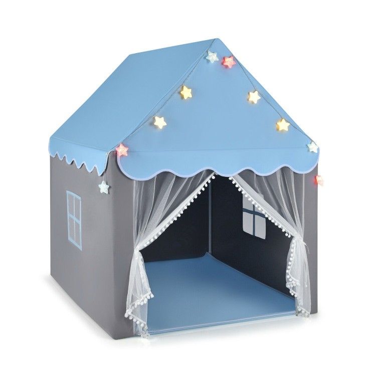 Kids Large Blue Playhouse Tent with Star Lights and Floor Mat
