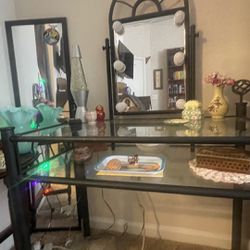 Glass Top Vanity and Stool Set