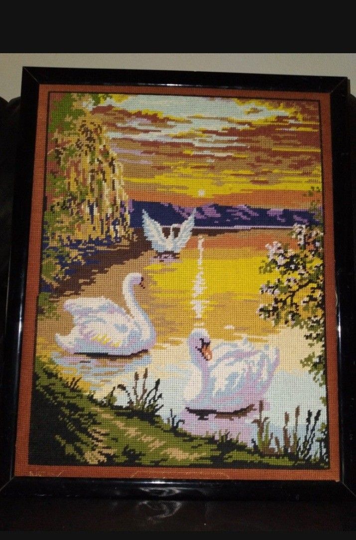 Large Vintage Framed Needlepoint  22"L X 17" W