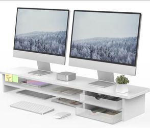 White Dual Monitor Desk Stand with Shelves