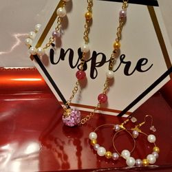 Pink And Pearl Set Necklace Bracelet Earrings 