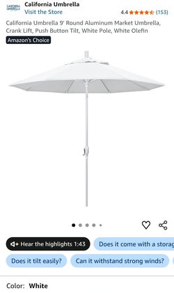 California Umbrella 9' Round Aluminum Market Umbrella, Crank Lift, Push Button Tilt, White - NEW