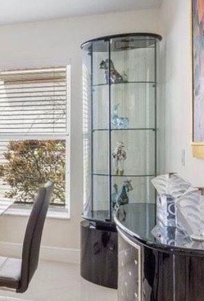 Vintage Black Lacquered 2-Piece Lighted Round Display with 3 and removable interior glass shelves Step on switch
