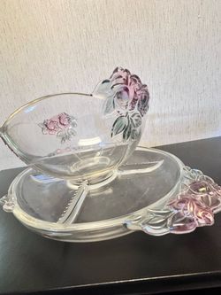 Vintage Mikasa 2-Piece Crystal Centerpiece Set - Raised Pink Roses
