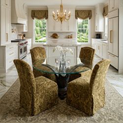 Glam Glass 47” Round Dining Table w/ Sculptural Palm Leaf Base + 4 Upholstered Chairs STUNNING Scalloped edge on glass table  NO CHIPS NO CRACKS   PIC