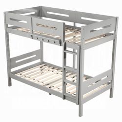 TWIN OVER TWIN SIZE BUNKBED GRAY FINISH BUNK BED LITERA CAMA