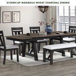 RICH TWO TONE DINING TABLE WITH CHAIRS AND BENCH
