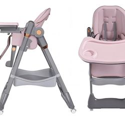 New Foldable High Chair for Toddlers with Removable Double Tray & Storage Basket, 5 Height Levels Baby Eating Chair,3 Recline & Footrest Positions, Lo