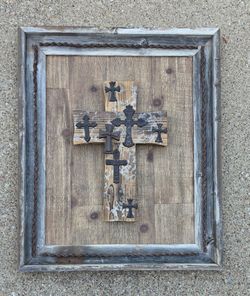 Rustic Wooden Cross Wall Decor with Metal Crosses & Twisted Wire Frame