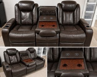 Leather Couch w/ Power Recline & Console