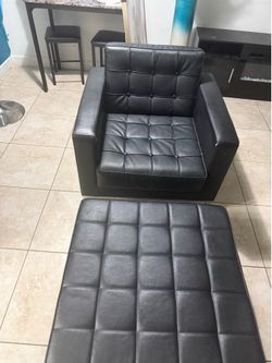 Black Accent Chair with Ottoman – Modern Faux Leather Chair Set