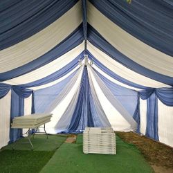 Tent drapping 
 chairs 
tables tablecloth 
Chandeliers 
Carpa
Sillas 
Mesas
Manteles 