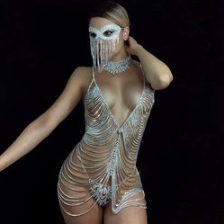 Sexy Costume Rhinestone Tassel Body Chain Dress in Gold