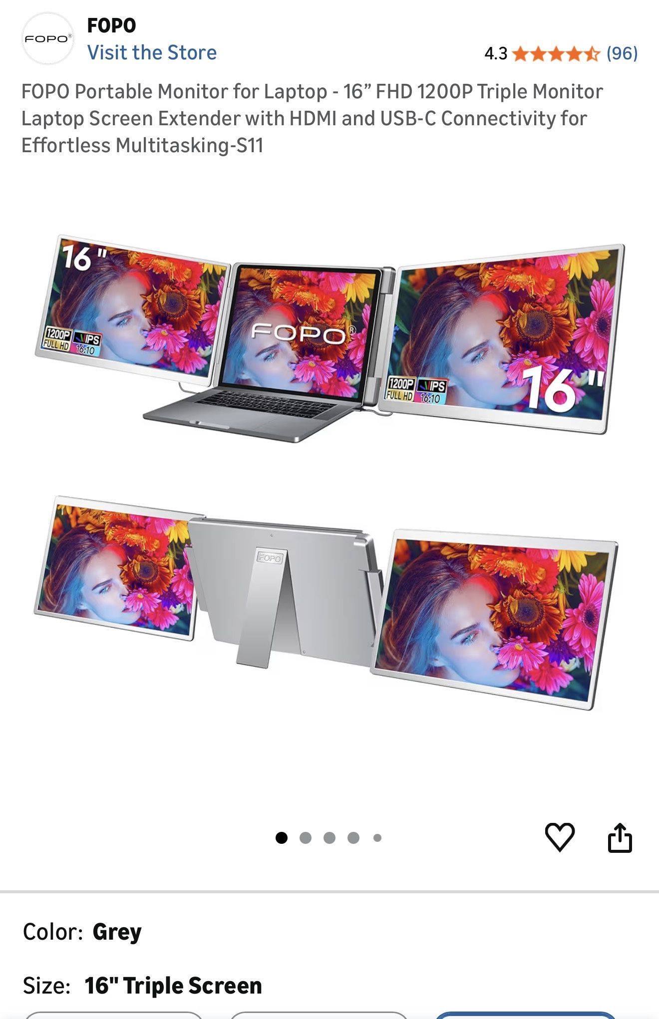 FOPO Portable Monitor for Laptop - 16” FHD 1200P Triple Monitor Laptop Screen Extender 