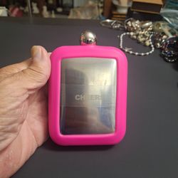 Stainless Steel Flask Featuring A Bright Pink Protective Silicone Sleeve Engraved W/The Word "Cheers" Holds 4-5 OZ Mint Condition