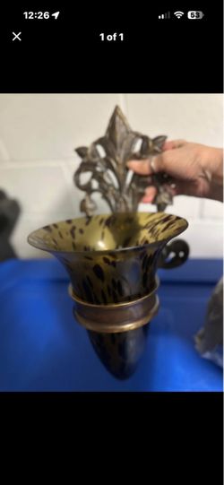 Tortoise shell Glass Vase with Bronze Floral Finial