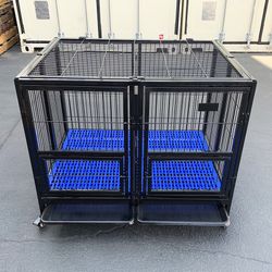 (NEW) $190 Folding Heavy Duty Dog Cage 41x31x34” Double-Door Stackable Kennel w/ Divider, Plastic Tray 