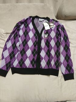 Forever 21 cardigan purple and black argyle pattern with Kuromi character on the chest.