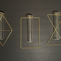 3 Various Shaped Geometric Wall-Mounted Glass Tube Vases w/Gold-Toned Metal Frames