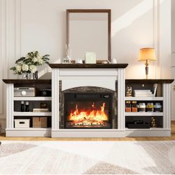 72" Electric Fireplace TV Stand, Electric Fireplace with Mantel, Modern Entertainment Center with Storage, Realistic Stacked Stone Surround for Living