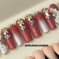 Long square white ombré press on nails acrylic flowers, rhinestones, glitter