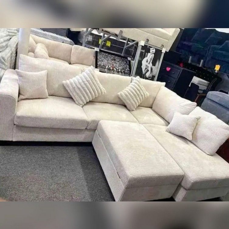 Beige corduroy sectional sofa with ottoman