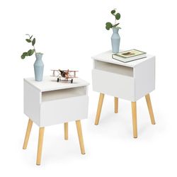 Side table, Modern Nightstand Set of 2, Bedside Table with Drawer, Minimalist and Practical End Side Table with Open Storage Shelf for Bedroom, White,