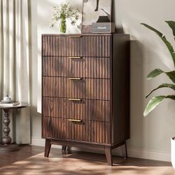 48” Tall Fluted 5-Drawer Dresser – Walnut & Gold Handles