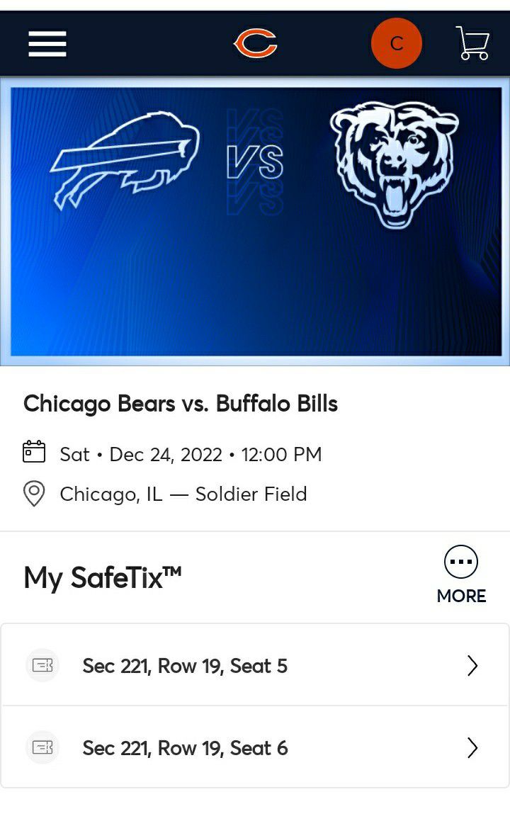 2 Bears Tickets For Sale$300 for Pair - Bills vs Bears Dec 24th @ Noon 