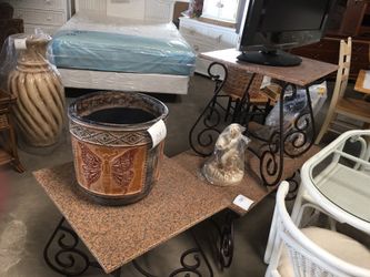 Granite top coffee and 2 end tables, wrought iron legs