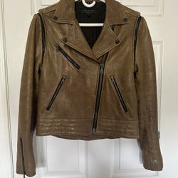 Rag & Bone Distressed Brown Lamb Leather Biker Jacket Turns into a Vest Size 2 