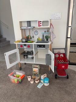 Wooden play kitchen and accessories