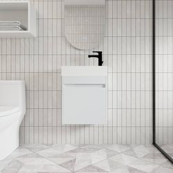 18 Inch Bathroom Vanity with Sink, White Modern Wall Mount Floating Vanity Set with Soft-Closing Door and Ceramic Basin, Contemporary Styling for Eleg