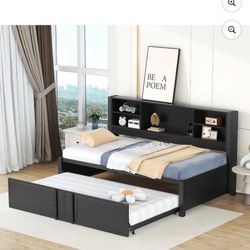 Expandable Twin Daybed with Trundle and USB Ports, Black READ DESCRIPTION 