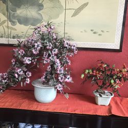 2 beautiful vintage Jade glass flower bonsais in Celadon vases