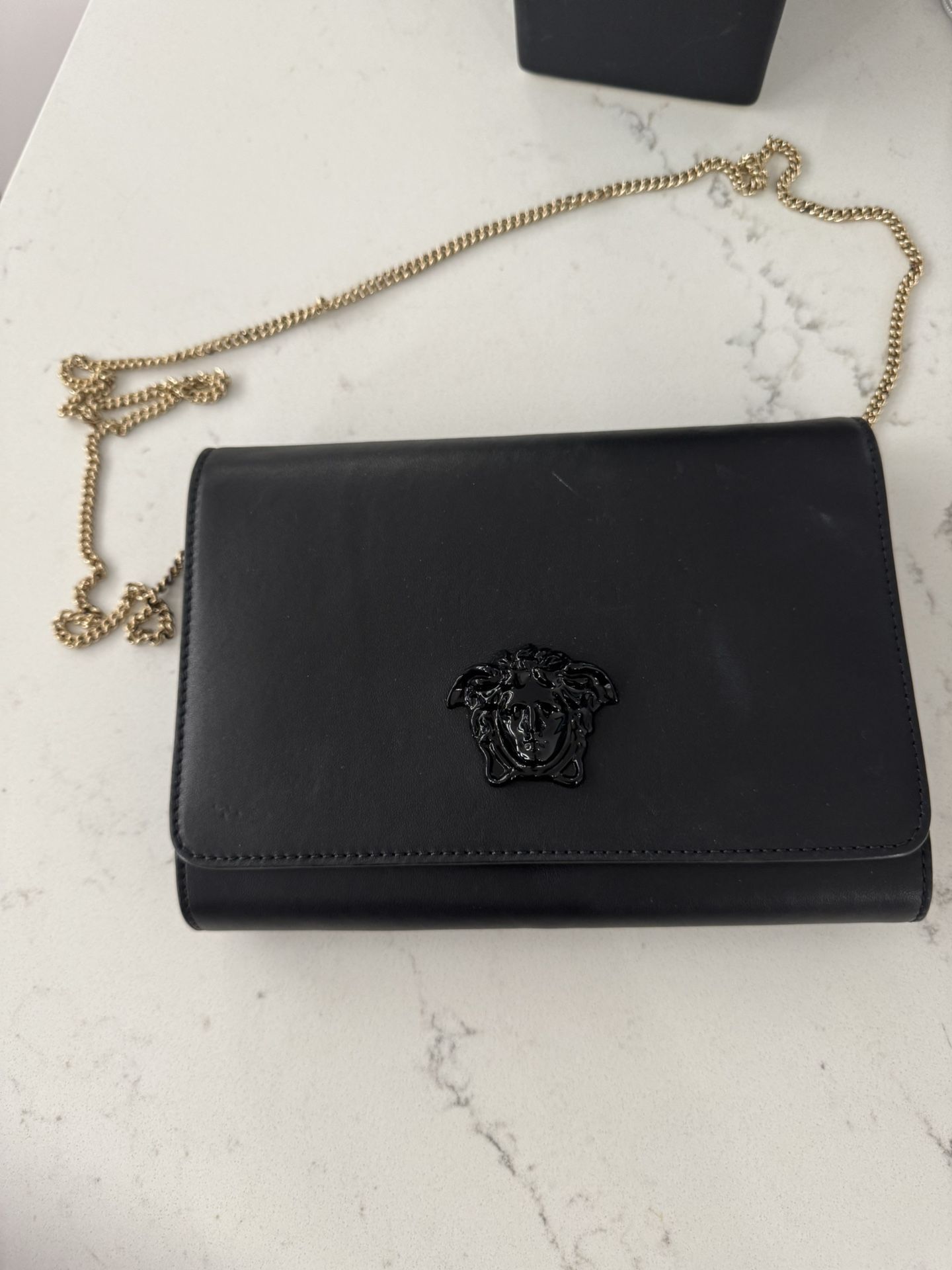 VERSACE Palazzo Medusa black calf leather flap shoulder chain clutch bag