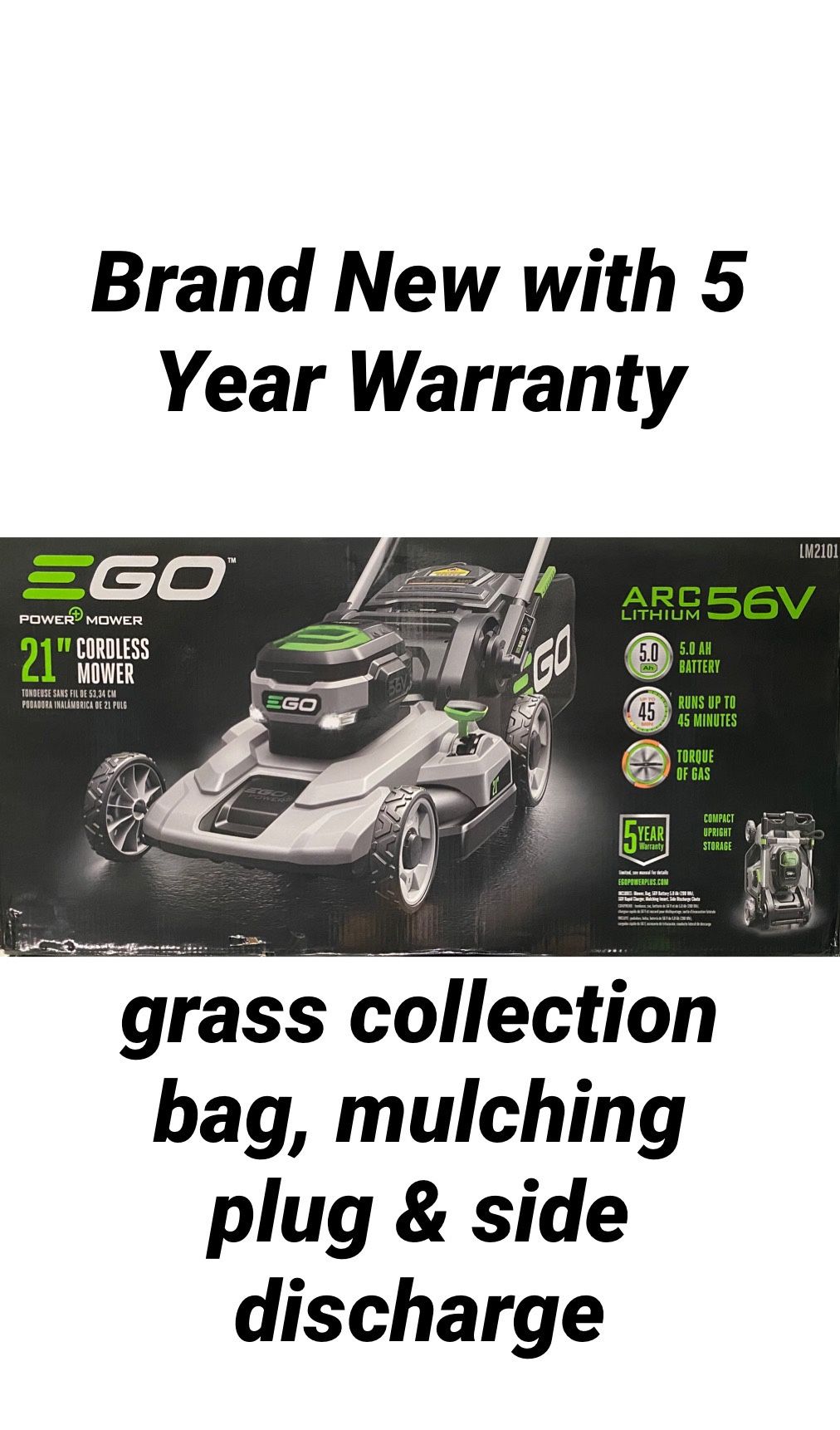 NEW ego lawn mower with 5 year EGO WARRANTY, grass collection bag