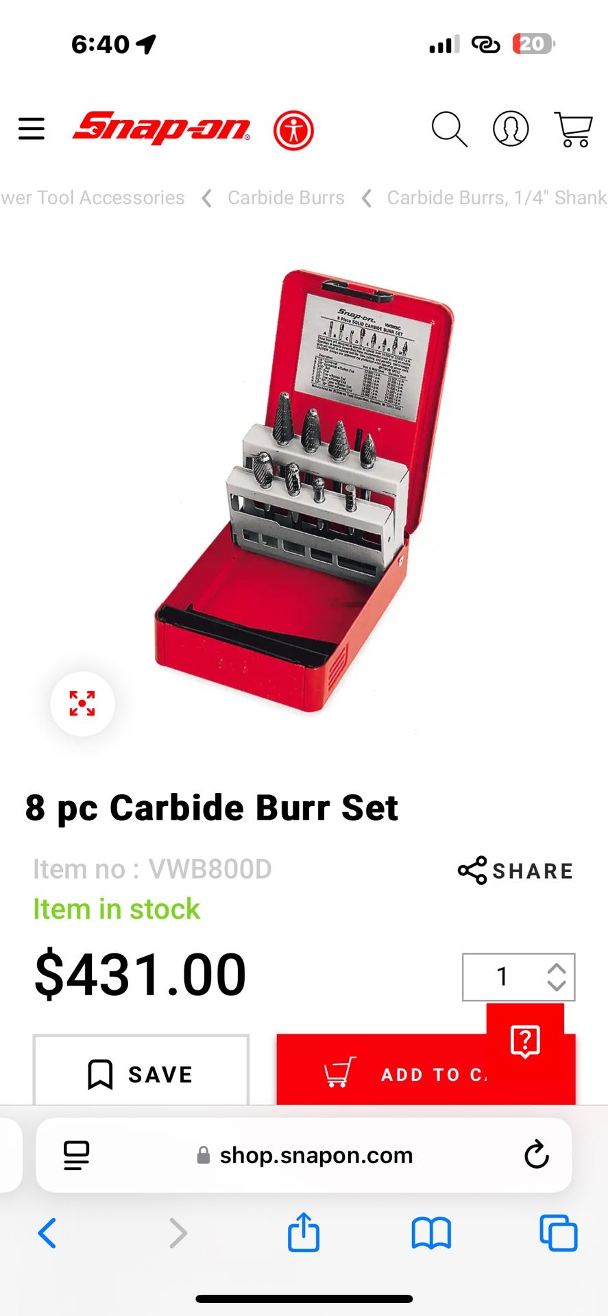Snap On 8 pc Carbide Burr Set Item no : VWB800D