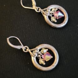 Stamped 925 Sterling Silver Round Dangle Earrings With Pink Crystals! Made In Thailand! 
